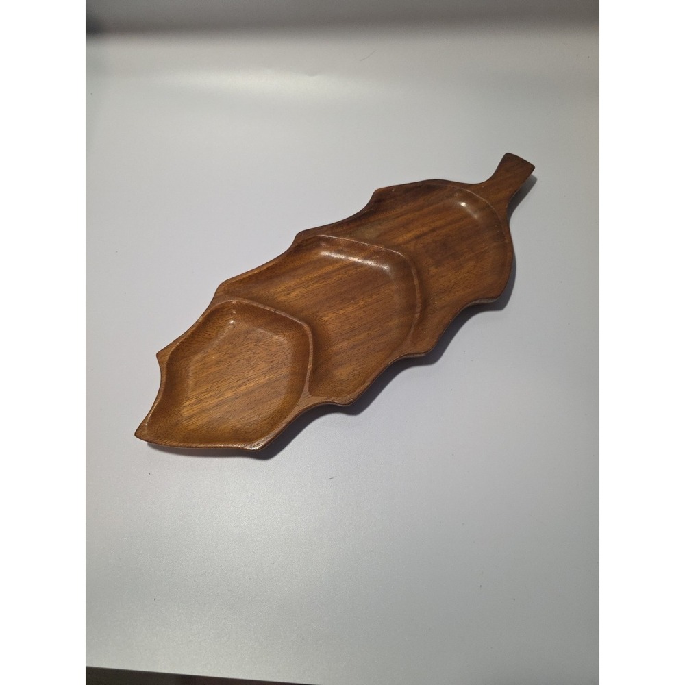 VINTAGE Carved Wood Leaf Serving Tray With 3 Compartments 17x6 - Picture 1 of 7